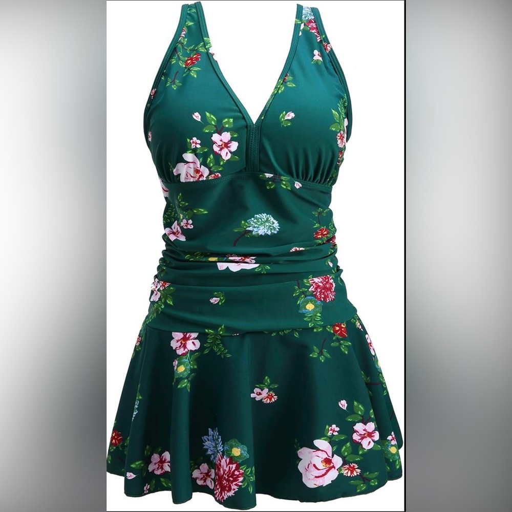 COCOPEAR Women's Puls Size Tummy Control One Piece Swimdress V-neck 2XL